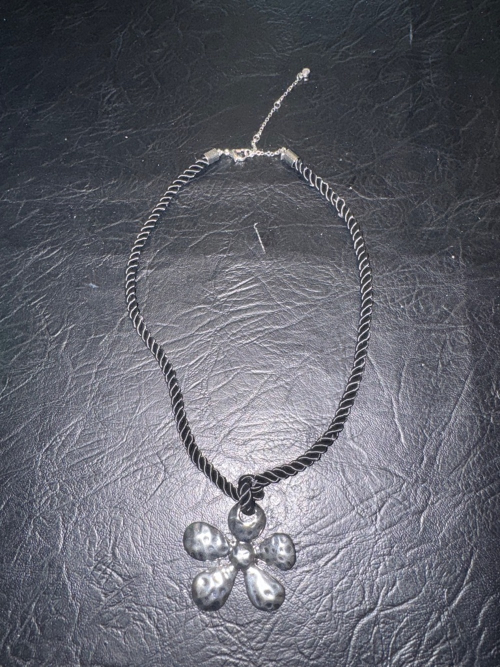Women’s Black Rope Necklace with Silver Flower Pendant, GUC